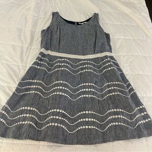 Boden Summer Gun Linen Chambray Fit and Flare Blue Dress with Dots Size 16